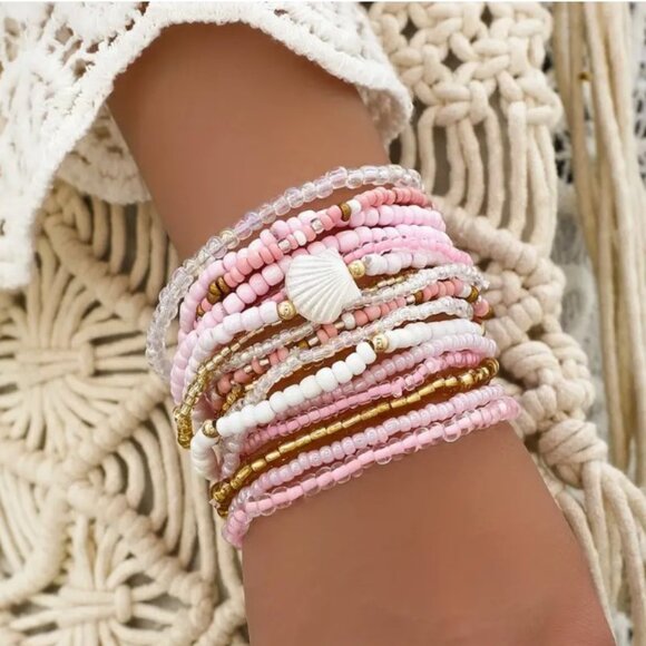 Jewelry - New Handmade Bohemian Multi Layer Seashell Individual Pink Beads Bracelet